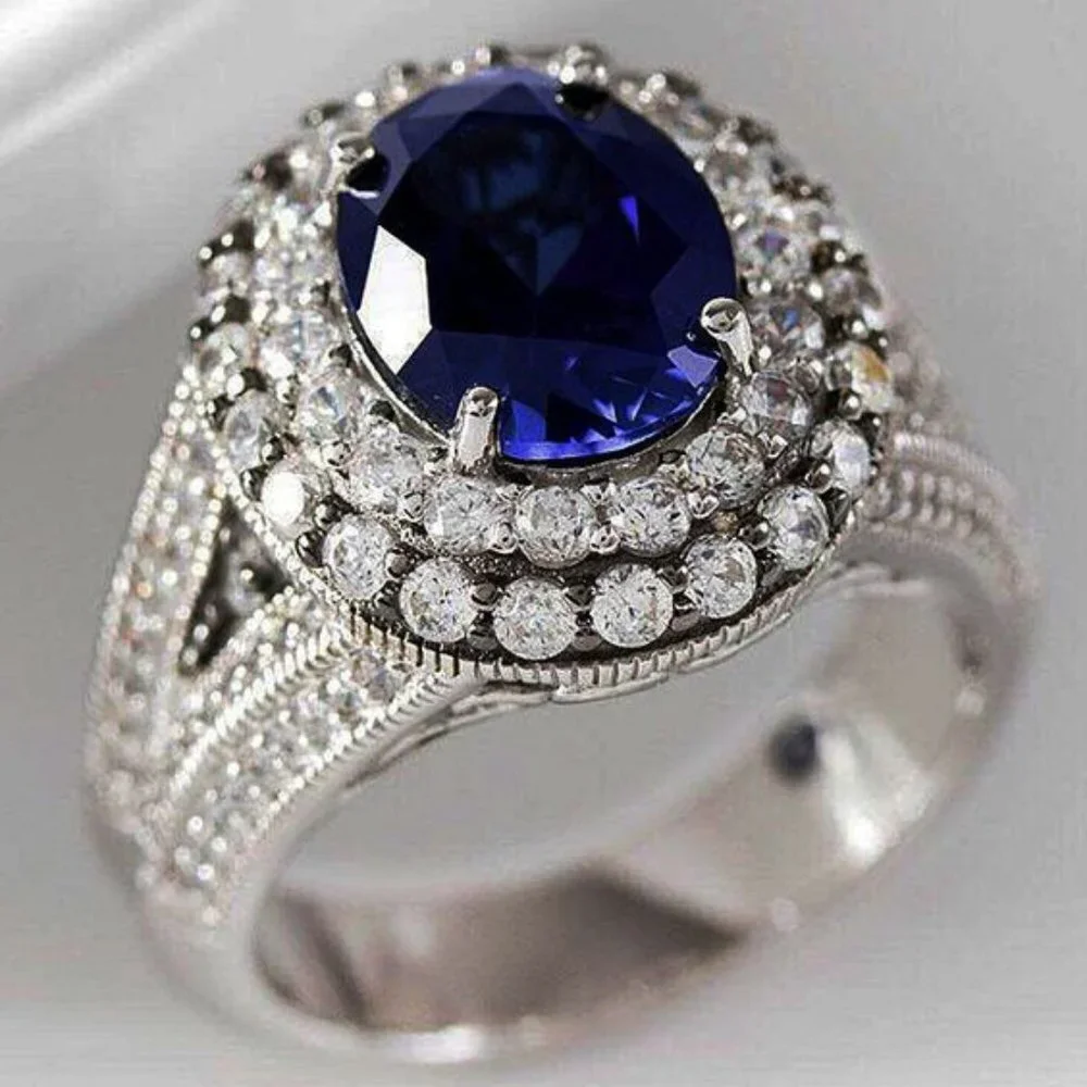 😍Silver Plated Royal Blue CZ Wedding/Engagement Ring for Women, K973